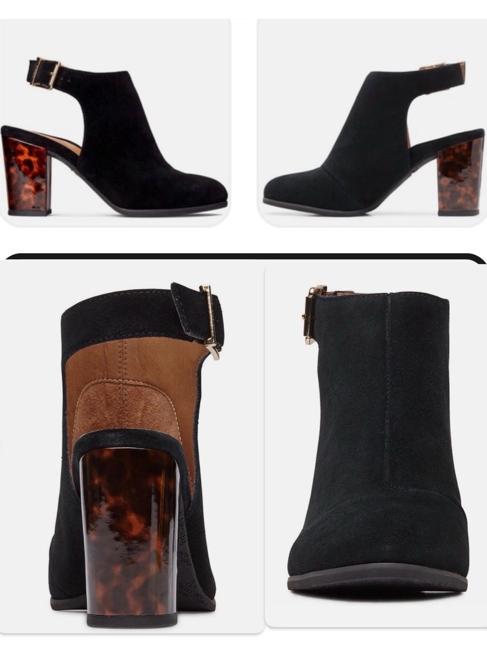 Vionic “Suede Perk Lacey Ankle Strap Bootie with 3 inch tortoise, block heel.